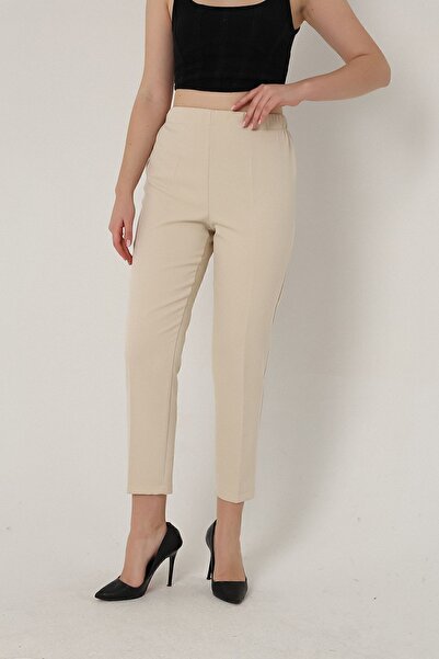 Mogi Butik 3001 Krem Havuç Paça Yüksek Bel Dokuma Kadın Pantolon