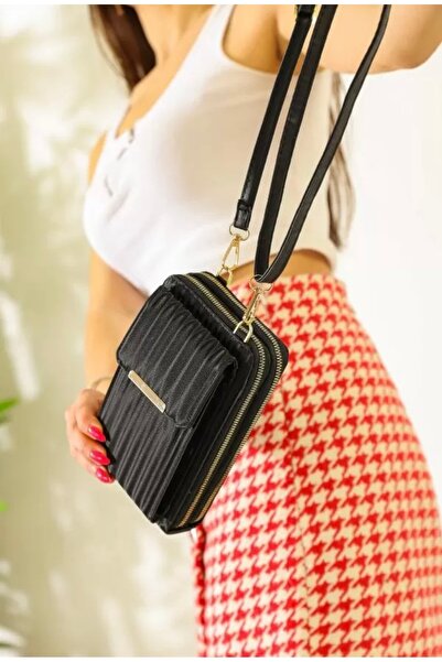 selma demir Kadın Siyah Çapraz Askılı Telefon Bölmeli Cüzdan Çanta