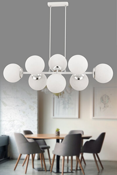 avimonaydınlatma CROSS 8'Lİ BEYAZ GLOB CAMLI KROM - BEYAZ MODERN SARKIT AVİZE OTURMA ODASI SALON
