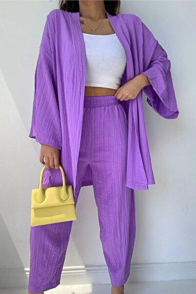 PLA STORE Mor Gofre Kimono Alt Üst Takım