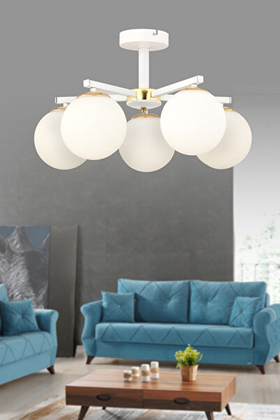 avimonaydınlatma LAMELA BEYAZ GLOB CAMLI 5'Lİ MODERN BEYAZ PLAFONYER AVİZE SA...
