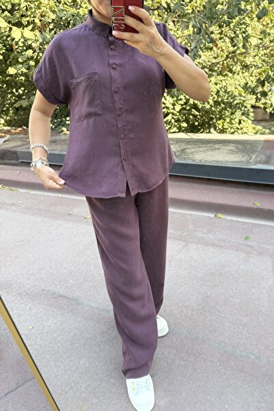 Suziş Plum Color 100% Cotton Short Sleeve Shirt Pants Suit 1004