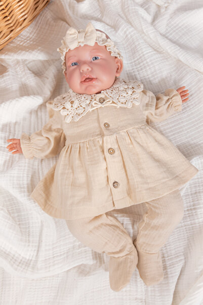 Babymod 3-Piece Muslin Baby Girl Hospital Discharge Set - Guipure Collar and Front Button