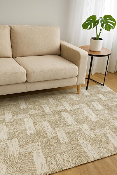 AKSU Desa Beige Non-Slip Base Soft Modern Washable Salon Hall Kitchen Living Room Carpet Runner