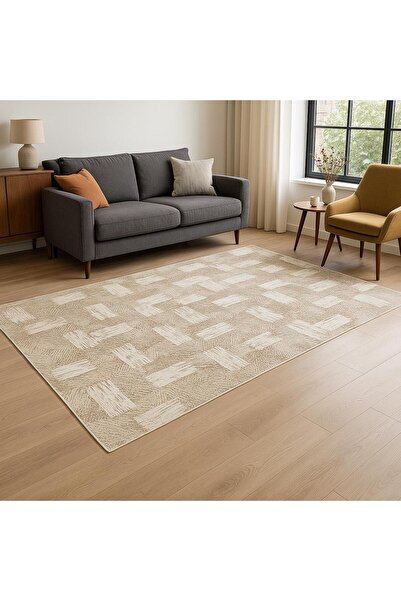 AKSU Desa Beige Non-Slip Base Soft Modern Washable Salon Hall Kitchen Living Room Carpet Runner