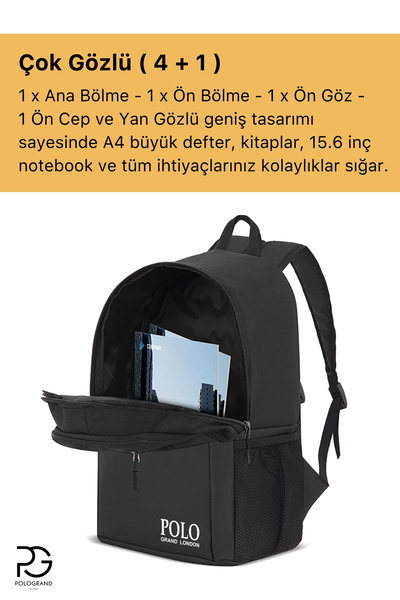 POLOGRAND London Orijinal Unisex Geniş Hacimli Çok Gözlü Su Geçirmez Lise Ortaokul İlkokul İçin Büyük Okul Çantası
