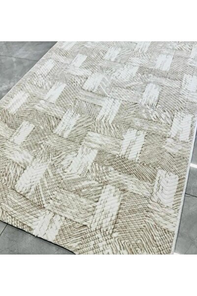 AKSU Desa Beige Non-Slip Base Soft Modern Washable Salon Hall Kitchen Living Room Carpet Runner