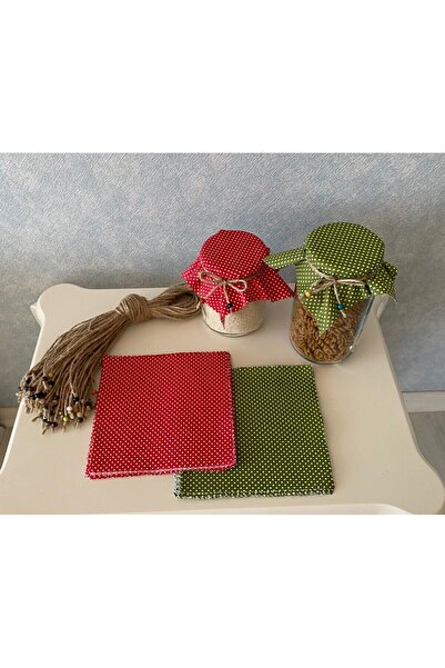 AdaEsintisi 50 Pieces of Red and Green Polka Dot Red Jar Lid Fabric (Cover) and Beaded Binding Rope