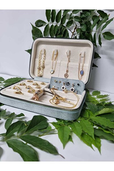 Gold Box صندوق تخزين مجوهرات كبير الحجم وحقيبة سفر، قماش مخملي من الريش التاي...