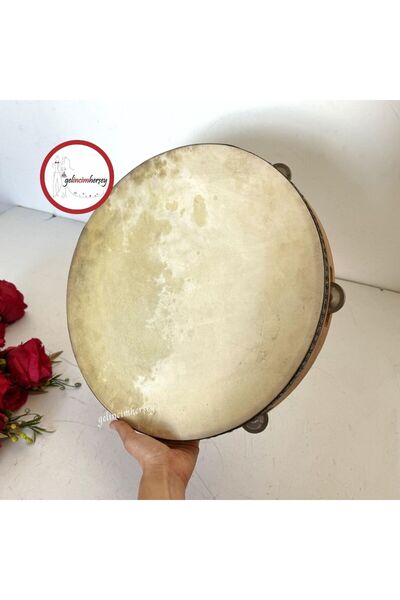 Gelincimherşey Büyük Boy Eğlenceler Için Metal Zilli Deri 38cm Ahşap Oyun Tefi