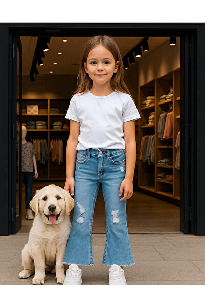 Argün kidss Kız Çocuk Yırtık Detaylı Bol Paça Jean Pantolon (6-14 Yaş) Riffed Jean