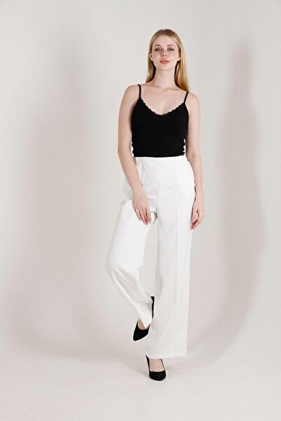 Balenbi 1003 Model High Waist White Palazzo Women's Trousers - Lycra Woven