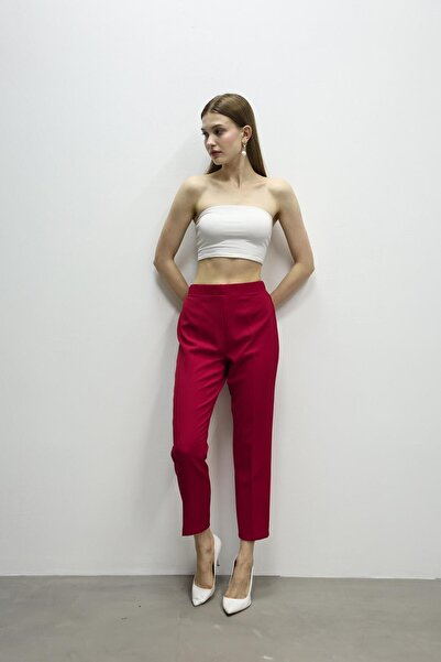 Balenbi High Waist 1005 Model Lycra Claret Red Women's Trousers - Carrot Leg