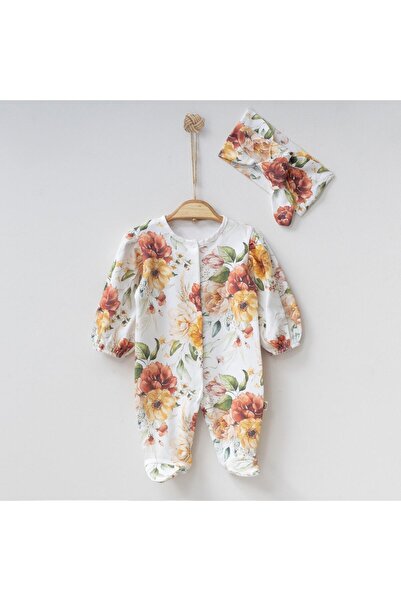 Minimus Kız Bebek Takım Çiçek Baskılı Balon Kol Bandanalı Tulum %100 Pamuk