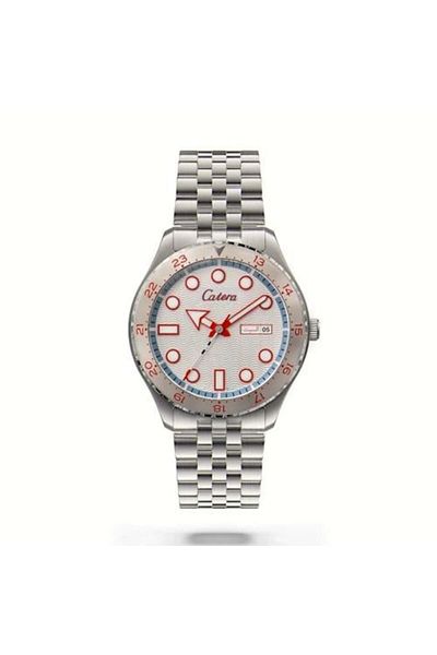 catera Men's watch with a silver steel strap and a white and red frame