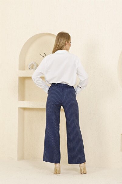 Balenbi 1003 Сині штани Palazzo в смужку з високою талією, з еластичною тканиною