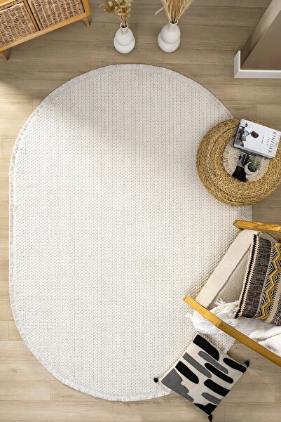 Eliz Home Oval Beyaz Halı Modern Oturma Odası Salon Mutfak Koridor Antre Balk...