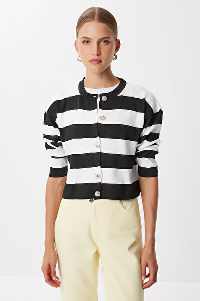 Lovelyİstanbul Šik Děrovaný Pruhovaný Pletený Kardigan LUB0199 ČERNÁ BÍLÁ