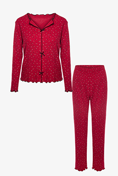 koza iç giyim Kadın Kaşkorse Baby Overloklu Fiyonk Detaylı Uzun Kollu Pijama Takımı