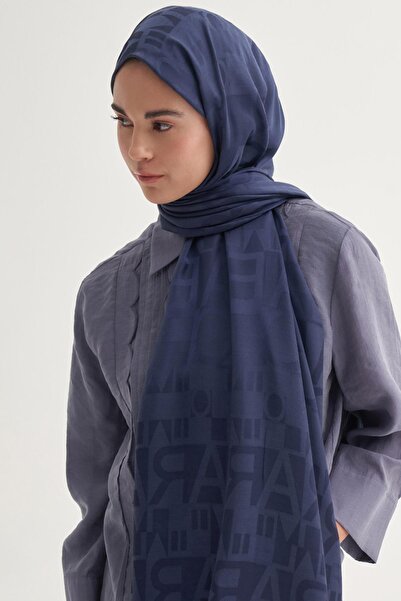 carell Navy Blue Silk Jacquard Shawl - Text Pattern