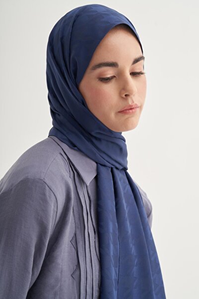 carell Navy Blue Cotton Silk Houndstooth Patterned Shawl