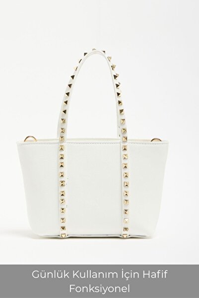 Madamra White Women's Staple Detailed Pu Leather Buckle Hand and Shoulder Bag