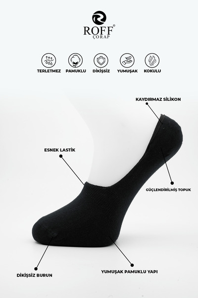 ROFF ÇORAP Roff Cotton Men's Ballerina Socks Seamless Invisible Anti-Slip Silicone Pack of 6