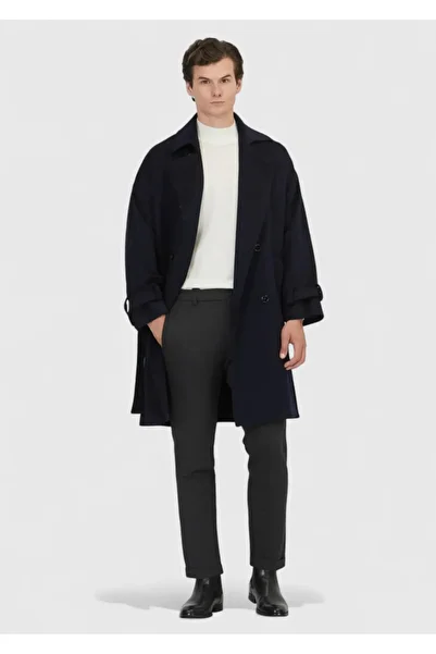 Ramsey Navy Blue Oversize Fit Double Breasted Collar Casual Woven Overcoat