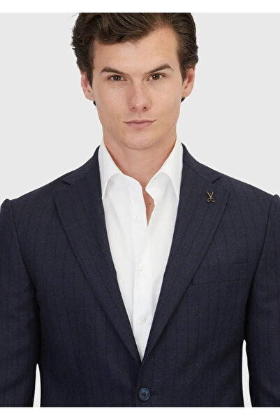 Ramsey Lacivert Çizgili Zeroweight Slim Fit %100 Yün Takım Elbise