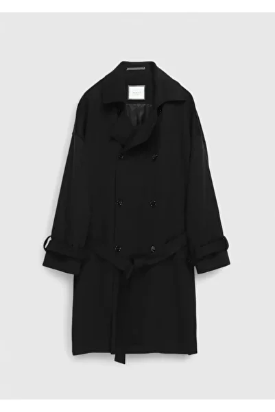 Ramsey Black Oversize Fit Double Breasted Collar Casual Woven Coat