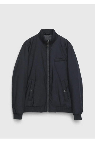 Ramsey Navy Blue Regular Fit Stand Collar Casual Woven Coat