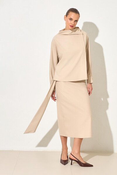 Setre Beige Collar Button Closure Detailed Long Sleeve Blouse