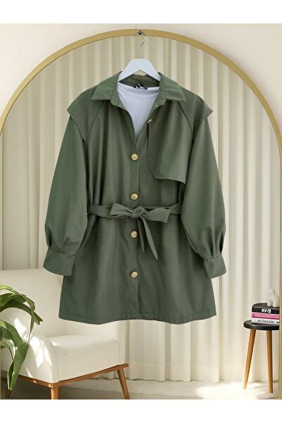 Modamorfo Broş Düğmeli Çift Düğmeli Kemerli Trençkot -Haki