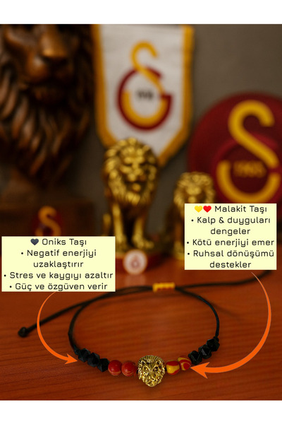 puffydik Galatasaray Onyx & Malachite Stone Lion Figured Fan Bracelet – Handm...