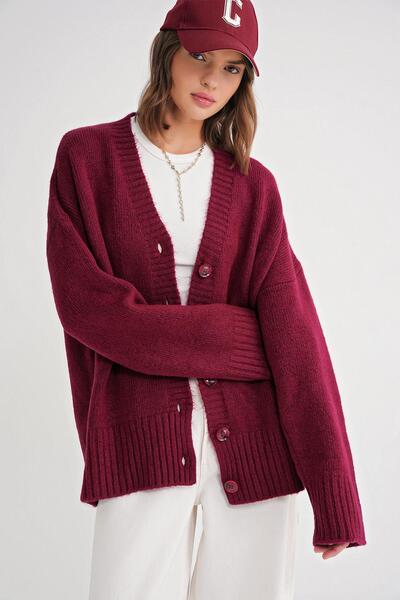 Mixray 6927 Claret Red Women's Knitwear Cardigan - Soft and Loose Basic Model