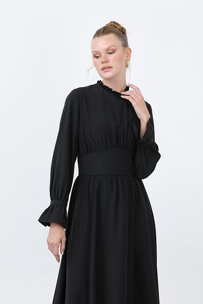 Puane Rochie de damă cu corsaj în talie și detaliu guler -12614ELB - NEGRU