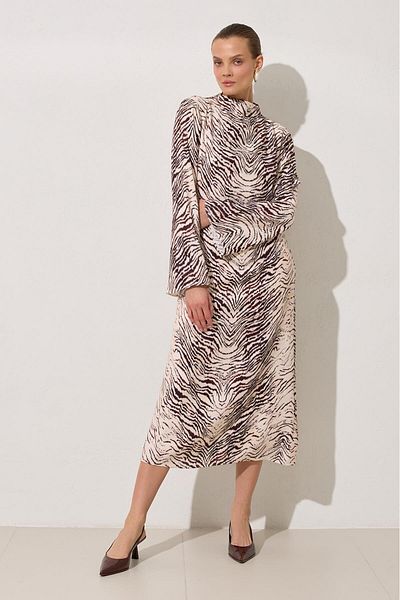 Setre Ecru-Burgundy Waist Belt Detailed Long Sleeve Patterned Midi Length Dress