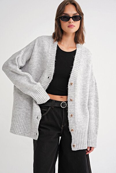 Mixray 6927 Gray Soft Knitwear Women's Cardigan - Loose Basic Model