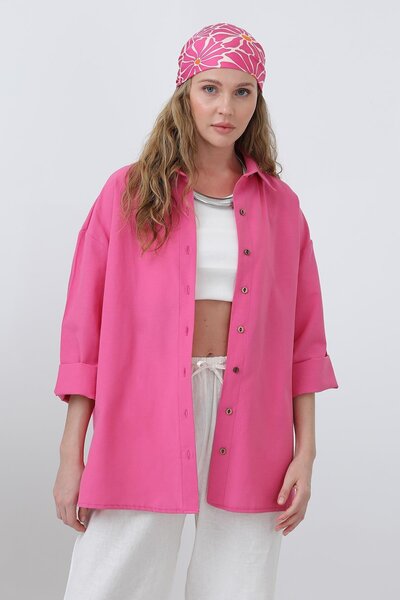 Loreen Women's Wide Sleeve Basic Cotton Shirt - 20655Gml - Fuchsia