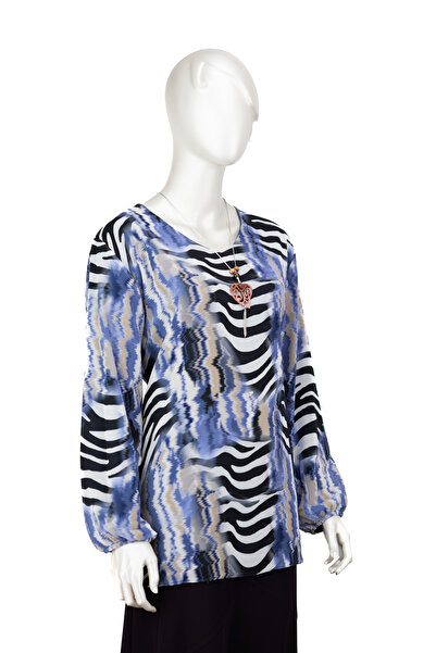 Oppland Bluză pentru mamă din șifon clasică pentru femei, țesătură vâscoasă, model marin, colier, mânecă lungă, căptușită, potrivire completă