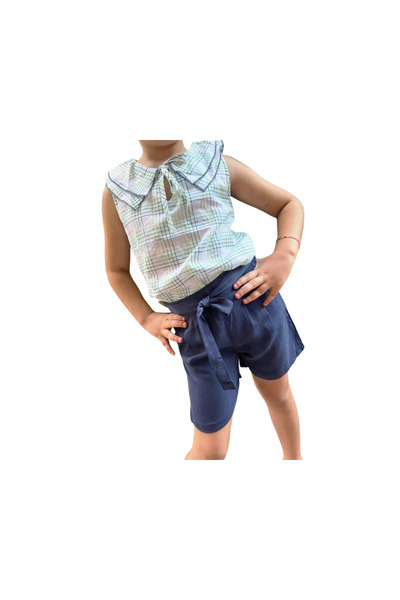 Çikoby Girl's Double Suit |   Checkered Sleeveless Shirt and Indigo Shorts - Summer Casual Combination