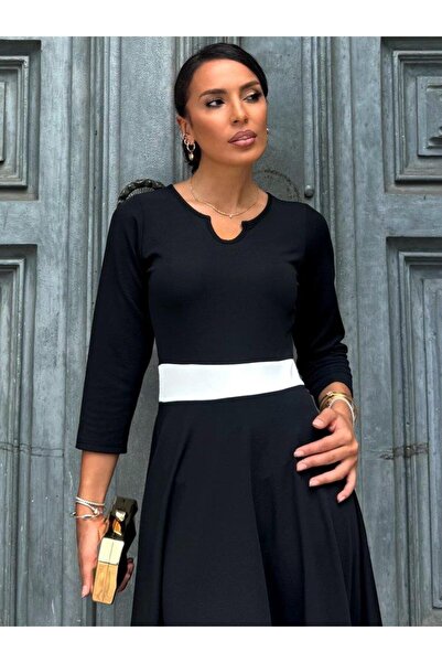 BÜŞRA TEZEL MODA Γυναικείο φόρεμα Truvakarkol με ανοιχτό γιακά μπλοκ χρώματος Crepe Midi