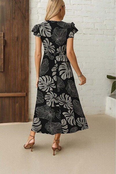 MODA55 Rochie de damă cu mânecă scurtă, cu decolteu în V, cu imprimeu, cu fantă laterală