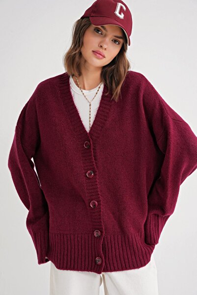 Mixray 6927 Claret Red Women's Knitwear Cardigan - Soft and Loose Basic Model