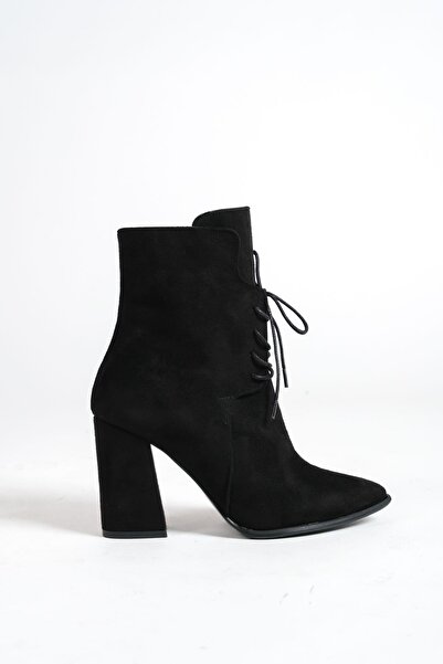 Mubiano MBESS4-S Γυναικείες μαύρες σουέτ μπότες με χοντρό τακούνι με λεπτομέρ...