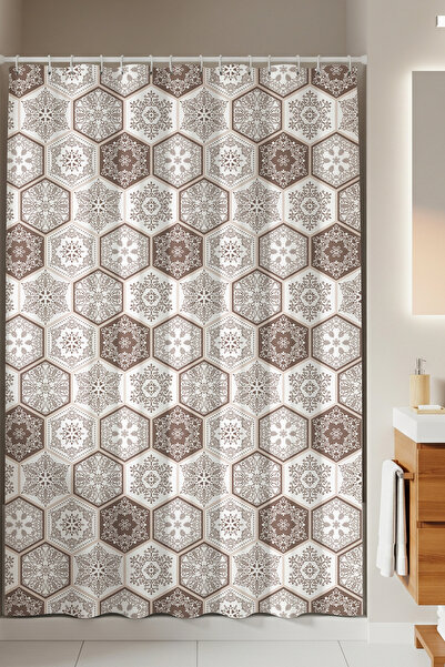 Tropikhome Su Geçirmez Banyo Perdesi Kahve Dantel Desen Duş Perde Yüksek Kali...