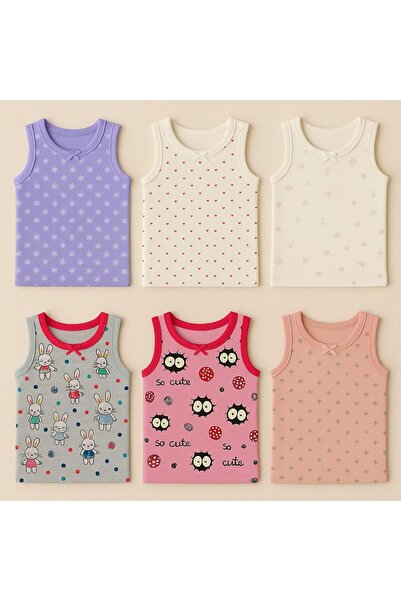 MAVİ QUMSAL Kız Çocuk İp Askılı Atlet 6'lı Set Emprime Desenli Pamuklu