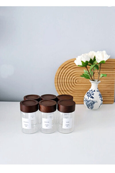 Bonjour Gift & Hobby Set of 6 Spice Jars Round Glass Jars with Acacia Lids 240ml (16 Labels)