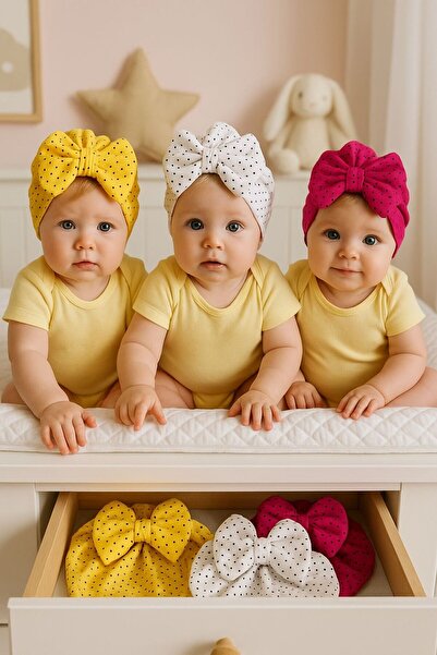 Pico Baby Bow Double Layer Polka Dot Baby Bonnet Set of 3 - Yellow/White/Fuchsia