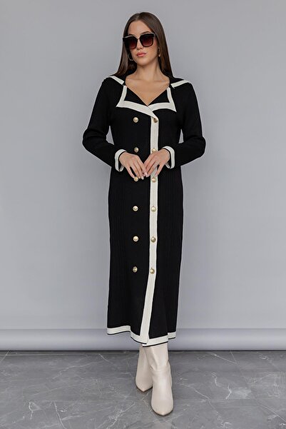 Lusin Dámské dlouhé úpletové šaty se zlatým knoflíkem – černé